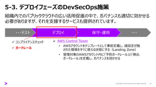 5-3. デプロイフェーズのDevSecOps施策
組織内でのパブリッククラウドの広い活用促進の中で、ガバナンスも適切に効かせる
必要がありますが、それを支援するサービスも提供されています。
41
・・・テスト デプロイ 保守・運用 ・・・
✓ コンプライアンスチェック
✓ ガードレール
➢ AWS Control Tower
• AWSアカウントをテンプレートとして事前定義し、諸設定が施
された環境をすぐに使える状態にする（Landing Zone）
• 管理対象のAWSアカウント内に「予防ガードレール」と「検出
ガードレール」を定義し、ガバナンスを効かせる
 
