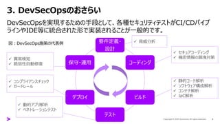 3. DevSecOpsのおさらい
DevSecOpsを実現するための手段として、各種セキュリティテストがCI/CDパイプ
ラインやIDE等に統合された形で実装されることが一般的です。
6
要件定義・
設計
コーディング
ビルド
テスト
デプロイ
保守・運用
✓ 脅威分析
✓ セキュアコーディング
✓ 機密情報の漏洩対策
✓ 静的コード解析
✓ ソフトウェア構成解析
✓ コンテナ解析
✓ IaC解析
✓ 動的アプリ解析
✓ ペネトレーションテスト
✓ コンプライアンスチェック
✓ ガードレール
✓ 異常検知
✓ 脆弱性自動修復
図：DevSecOps施策の代表例
 