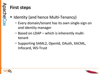 First steps
• Identity (and hence Multi-Tenancy)
– Every domain/tenant has its own single-sign on
and identity manager
– Based on LDAP – which is inherently multi-
tenant
– Supporting SAML2, OpenId, OAuth, XACML,
Infocard, WS-Trust
 