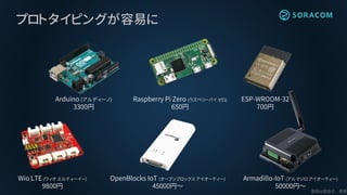 OpenBlocks IoT (オープンブロックス アイオーティー)
45000円～
Armadillo-IoT (アルマジロ アイオーティー)
50000円～
プロトタイピングが容易に
Arduino (アルディーノ)
3300円
Raspberry Pi Zero (ラズベリーパイ ゼロ)
650円
ESP-WROOM-32
700円
Wio LTE (ワィオ エルティーイー)
9800円
 