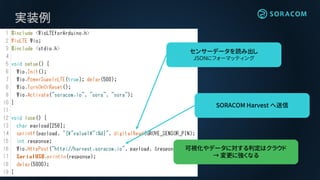 実装例
SORACOM Harvest へ送信
センサーデータを読み出し
JSONにフォーマッティング
可視化やデータに対する判定はクラウド
→ 変更に強くなる
 
