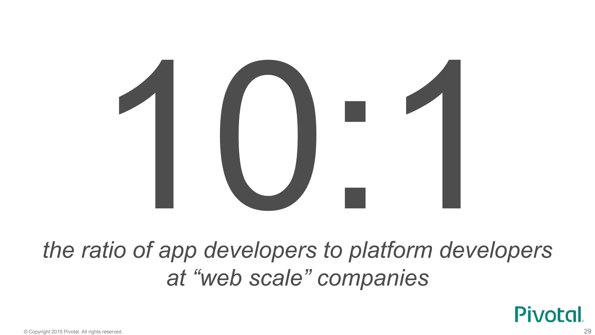 © Copyright 2015 Pivotal. All rights reserved. 29
the ratio of app developers to platform developers
at “web scale” companies
 