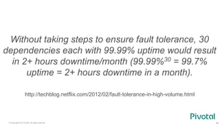© Copyright 2015 Pivotal. All rights reserved.
Without taking steps to ensure fault tolerance, 30
dependencies each with 99.99% uptime would result
in 2+ hours downtime/month (99.99%30 = 99.7%
uptime = 2+ hours downtime in a month).
http://techblog.netflix.com/2012/02/fault-tolerance-in-high-volume.html
 