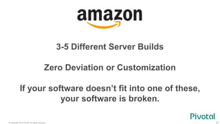 © Copyright 2015 Pivotal. All rights reserved. 37
3-5 Different Server Builds
If your software doesn’t fit into one of these,
your software is broken.
Zero Deviation or Customization
 