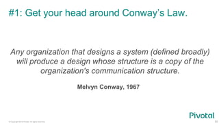© Copyright 2015 Pivotal. All rights reserved.
#1: Get your head around Conway’s Law.
53
Any organization that designs a system (defined broadly)
will produce a design whose structure is a copy of the
organization's communication structure.
Melvyn Conway, 1967
 