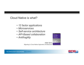 TECHNOLOGY SOLUTIONS DELIVERED
Cloud Native is what?
• 12 factor applications
• Microservices
• Self-service architecture
• API-Based collaboration
• Antifragility
- Matt Stine
Migrating to Cloud-Native Application Architectures
 