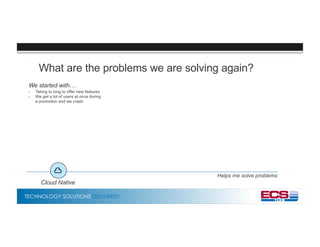 TECHNOLOGY SOLUTIONS DELIVERED
What are the problems we are solving again?
We started with…
- Taking to long to offer new features
- We get a lot of users at once during
a promotion and we crash
Cloud Native
Helps me solve problems
 