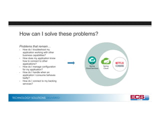 TECHNOLOGY SOLUTIONS DELIVERED
How can I solve these problems?
Problems that remain…
- How do I troubleshoot my
application working with other
business capabilities?
- How does my application know
how to connect to other
applications?
- How do I manage configuration
for my application?
- How do I handle when an
application I consume behaves
badly?
- How do I connect to my backing
services?
 