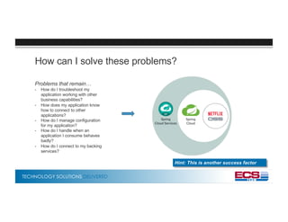 TECHNOLOGY SOLUTIONS DELIVERED
How can I solve these problems?
Problems that remain…
- How do I troubleshoot my
application working with other
business capabilities?
- How does my application know
how to connect to other
applications?
- How do I manage configuration
for my application?
- How do I handle when an
application I consume behaves
badly?
- How do I connect to my backing
services?
Hint: This is another success factor
 
