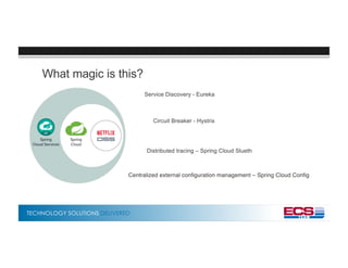TECHNOLOGY SOLUTIONS DELIVERED
What magic is this?
Service Discovery - Eureka
Circuit Breaker - Hystrix
Distributed tracing – Spring Cloud Slueth
Centralized external configuration management – Spring Cloud Config
 