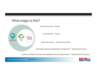 TECHNOLOGY SOLUTIONS DELIVERED
What magic is this?
Service Discovery - Eureka
Circuit Breaker - Hystrix
Distributed tracing – Spring Cloud Slueth
Centralized external configuration management – Spring Cloud Config
Connect to backend services like databases and message brokers – Spring Cloud Connectors
 