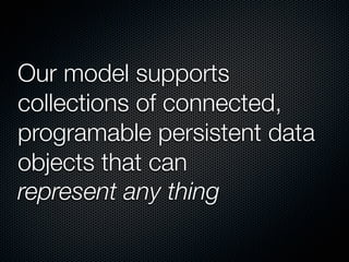 Our model supports
collections of connected,
programable persistent data
objects that can
represent any thing
 