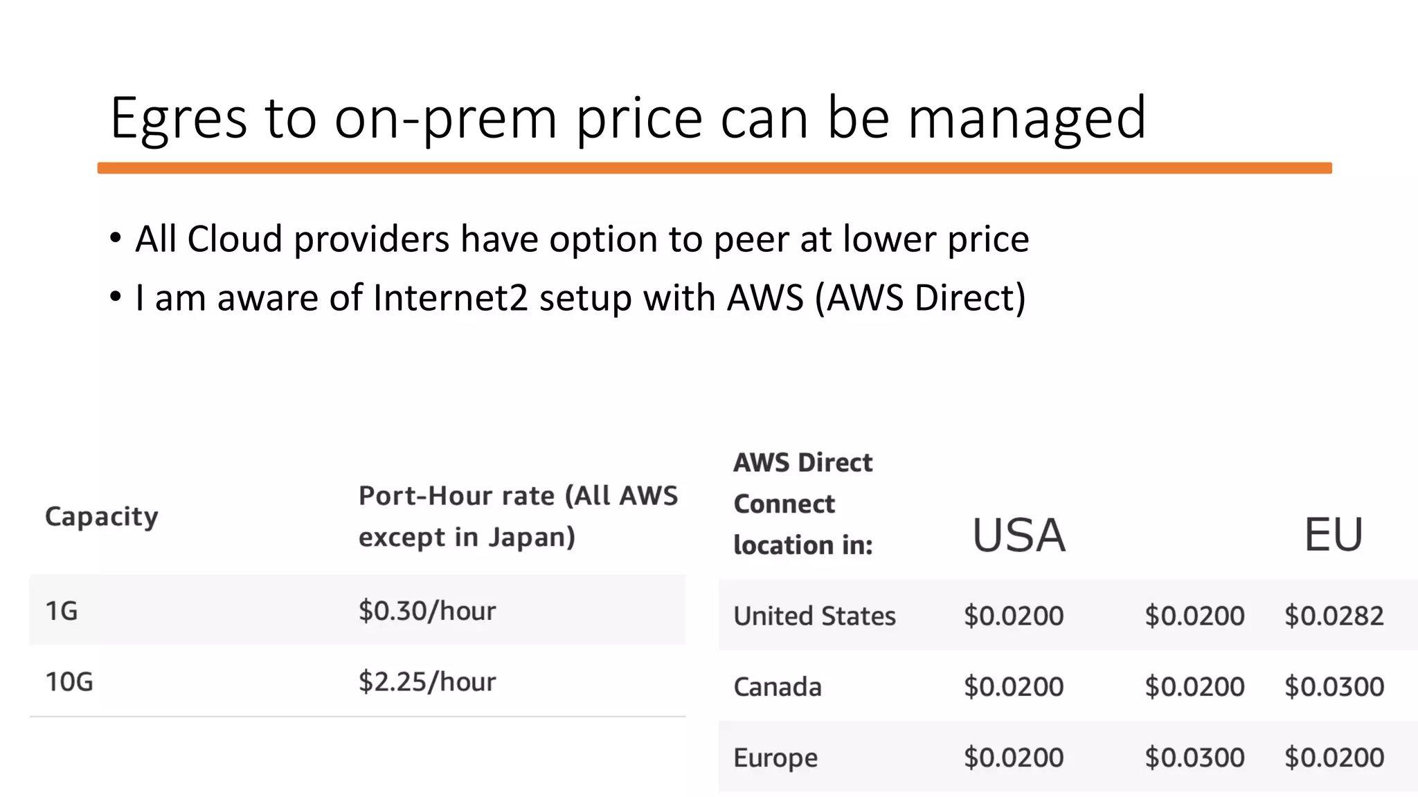 Egres to on-prem price can be managed
• All Cloud providers have option to peer at lower price
• I am aware of Internet2 setup with AWS (AWS Direct)
 