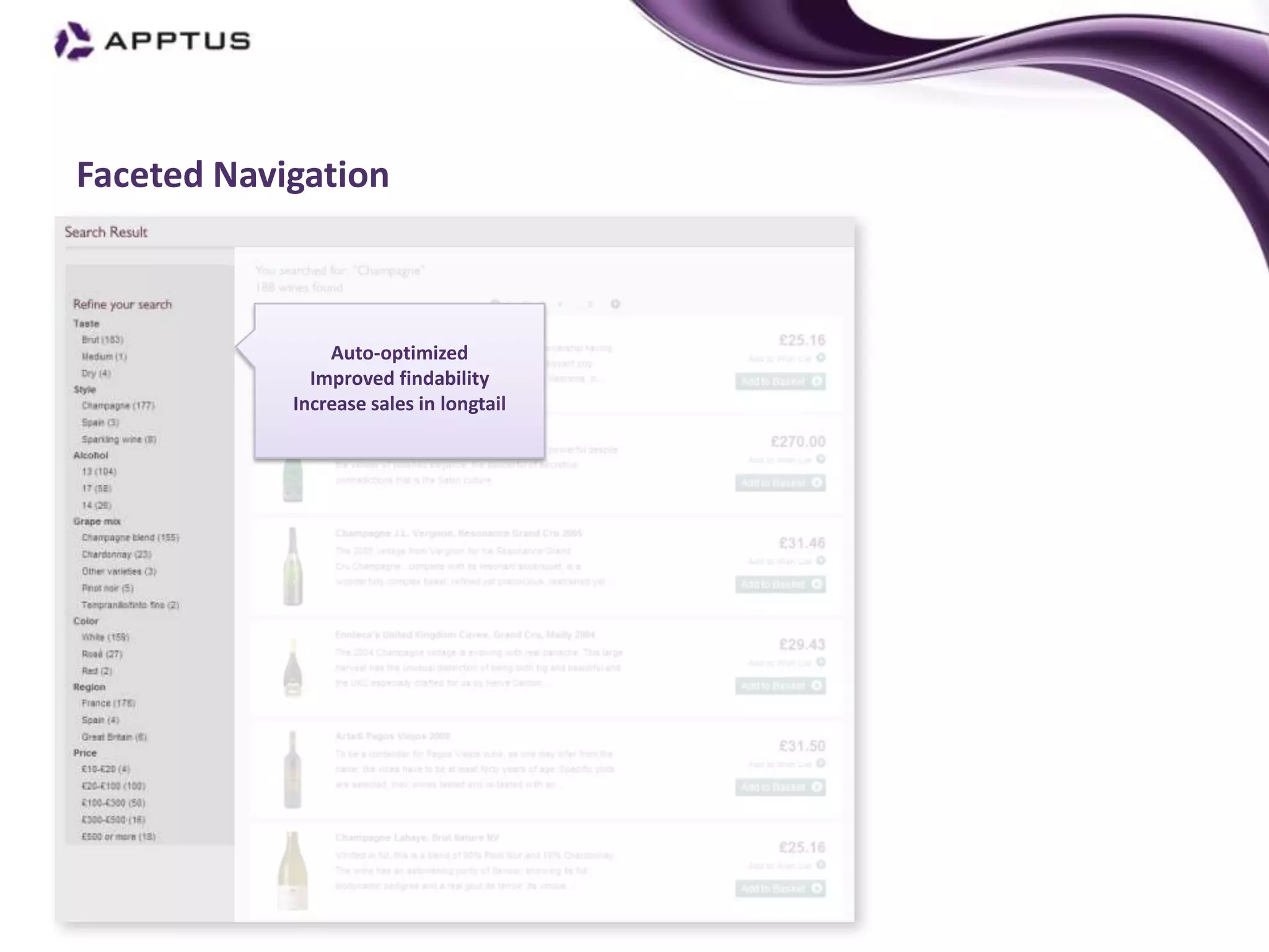 Faceted Navigation



                Auto-optimized
              Improved findability
            Increase sales in longtail
 