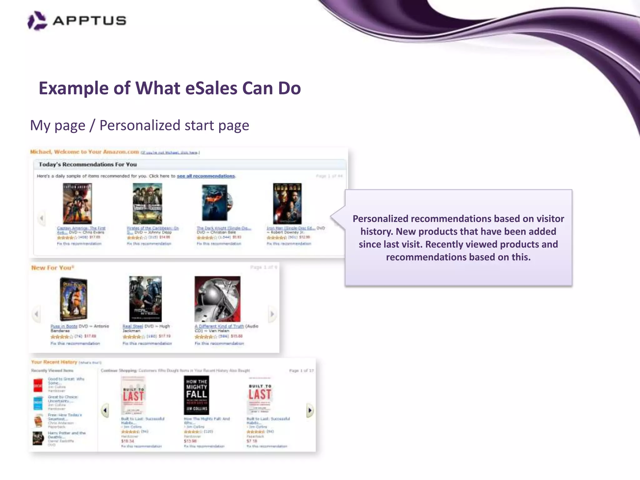Example of What eSales Can Do
My page / Personalized start page




                                    Personalized recommendations based on visitor
                                     history. New products that have been added
                                     since last visit. Recently viewed products and
                                            recommendations based on this.
 