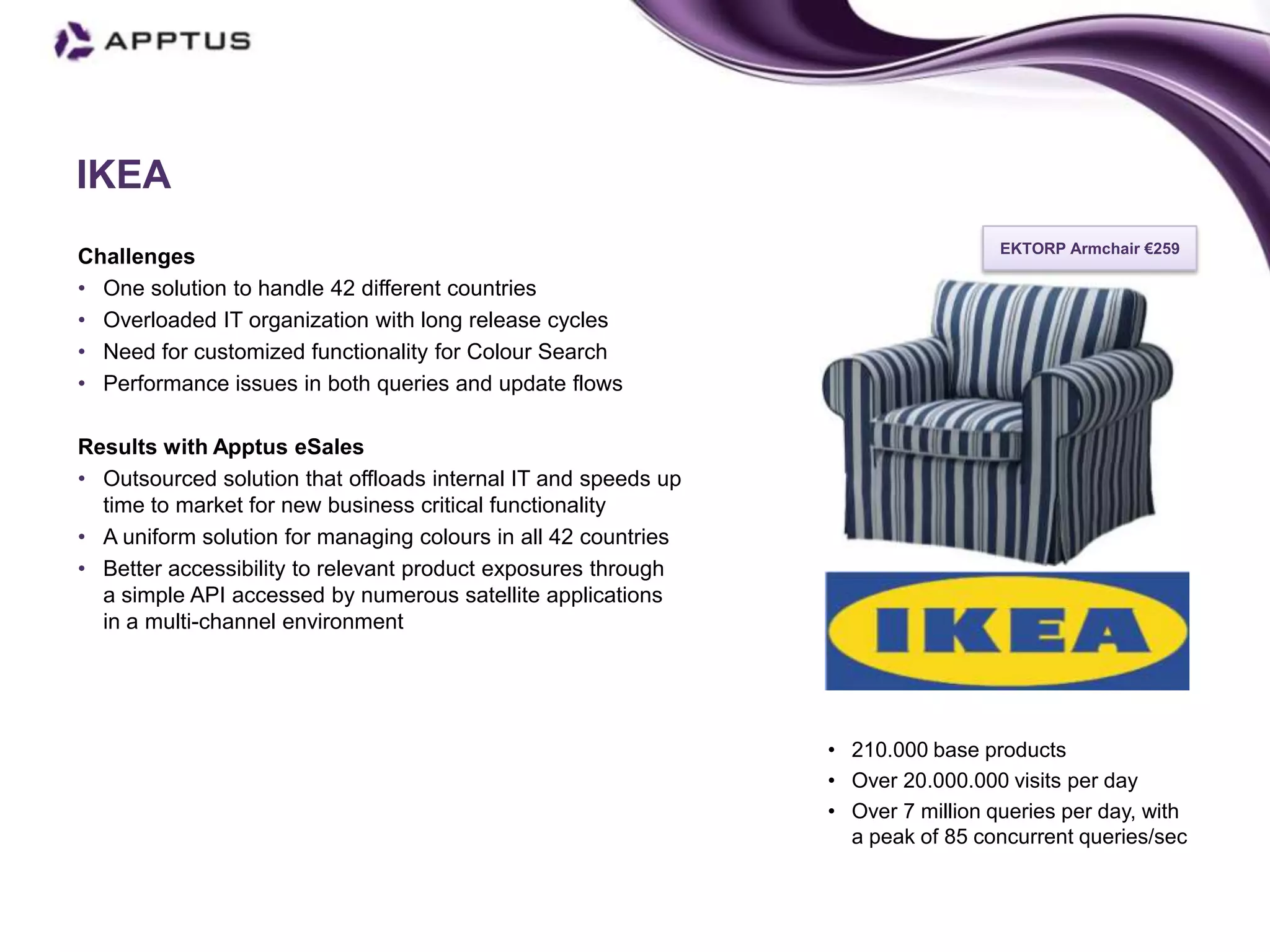 IKEA
                                                                                  EKTORP Armchair €259
Challenges
• One solution to handle 42 different countries
• Overloaded IT organization with long release cycles
• Need for customized functionality for Colour Search
• Performance issues in both queries and update flows

Results with Apptus eSales
• Outsourced solution that offloads internal IT and speeds up
  time to market for new business critical functionality
• A uniform solution for managing colours in all 42 countries
• Better accessibility to relevant product exposures through
  a simple API accessed by numerous satellite applications
  in a multi-channel environment




                                                                • 210.000 base products
                                                                • Over 20.000.000 visits per day
                                                                • Over 7 million queries per day, with
                                                                  a peak of 85 concurrent queries/sec
 