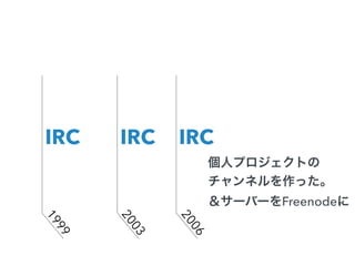 IRC IRC IRC 
個人プロジェクトの 
チャンネルを作った。 
＆サーバーをFreenodeに 
1999 
2003 
2006 
 