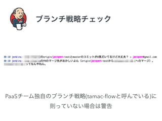 ブランチ戦略チェック 
PaaSチーム独自のブランチ戦略(tamac-flowと呼んでいる)に 
則っていない場合は警告 
 