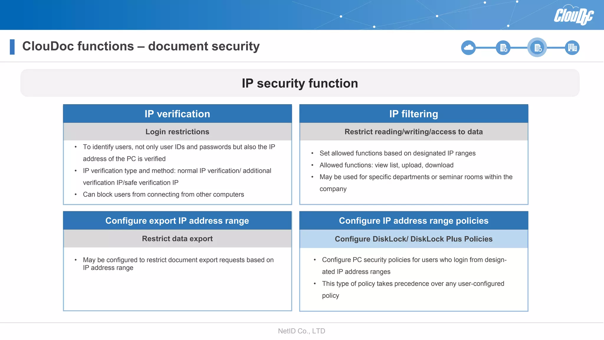 NetID Co., LTD
ClouDoc functions – document security
Login restrictions
IP verification
Restrict reading/writing/access to data
IP filtering
• Set allowed functions based on designated IP ranges
• Allowed functions: view list, upload, download
• May be used for specific departments or seminar rooms within the
company
• To identify users, not only user IDs and passwords but also the IP
address of the PC is verified
• IP verification type and method: normal IP verification/ additional
verification IP/safe verification IP
• Can block users from connecting from other computers
Restrict data export
Configure export IP address range
• May be configured to restrict document export requests based on
IP address range
Configure DiskLock/ DiskLock Plus Policies
Configure IP address range policies
• Configure PC security policies for users who login from design-
ated IP address ranges
• This type of policy takes precedence over any user-configured
policy
IP security function
 