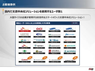 - 39 -
お客様事例
大型サイズの企業が使用する安定的なスマートオフィス文書中央化ソリューション！
製品ユーザー500人以上のお客様と大手お客様 海外事例
100 ユーザー
5,000 ユーザー
1,000 ユーザー
400 ユーザー
550 ユーザー
600 ユーザー
1,200 ユーザー
500 ユーザー
3,000 ユーザー
1,000 ユーザー
1,000 ユーザー
700,000 ユーザー
100 ユーザー
1,600 ユーザー
380 ユーザー
500 ユーザー
1,800 ユーザー
전체 교직원
2.000 ユーザー
2,000ユーザー
500 ユーザー
1,000 ユーザー
500 ユーザー
全校メンバー
 