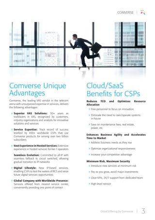 Cloud Offering by Comverse 3
Comverse Unique
Advantages
Comverse, the leading VAS vendor in the telecom
arena with unsurpassed expertise in services, delivers
the following advantages:
Superior VAS Solutions: 30+ years as
trailblazers in VAS, recognized by customers,
industry organizations and analysts for innovative
solutions and services
Service Expertise: Track record of success
testified by 450+ worldwide CSPs that use
Comverse products for serving over two billion
subscribers
Vast Experience in Hosted Services: Extensive
experience in hosted services for tier-1 operators
Seamless Evolution: Committed to all-IP with
seamless fallback to circuit switched, allowing
gradual transition to IP networks
Digital Lifestyle: New IP-based services,
enabling CSPs to test the waters of RCS and seize
future digital services opportunities
Global Company with Worldwide Presence:
Services offered from nearest service center,
conveniently providing one point of contact
Cloud/SaaS
Benefits for CSPs
Reduces TCO and Optimizes Resource
Allocation
Free personnel to focus on innovation
Eliminate the need to own/operate systems
in-house
Save on maintenance fees, real estate,
power, etc.
Enhances Business Agility and Accelerates
Time to Market
Address business needs as they rise
Optimize organizational responsiveness
Increase your competitive advantage
Minimum Risk, Maximum Security
Introduce new services at minimum risk
Pay as you grow, avoid major investments
Clear KPIs, 24/7 support from dedicated team
High-level service
 