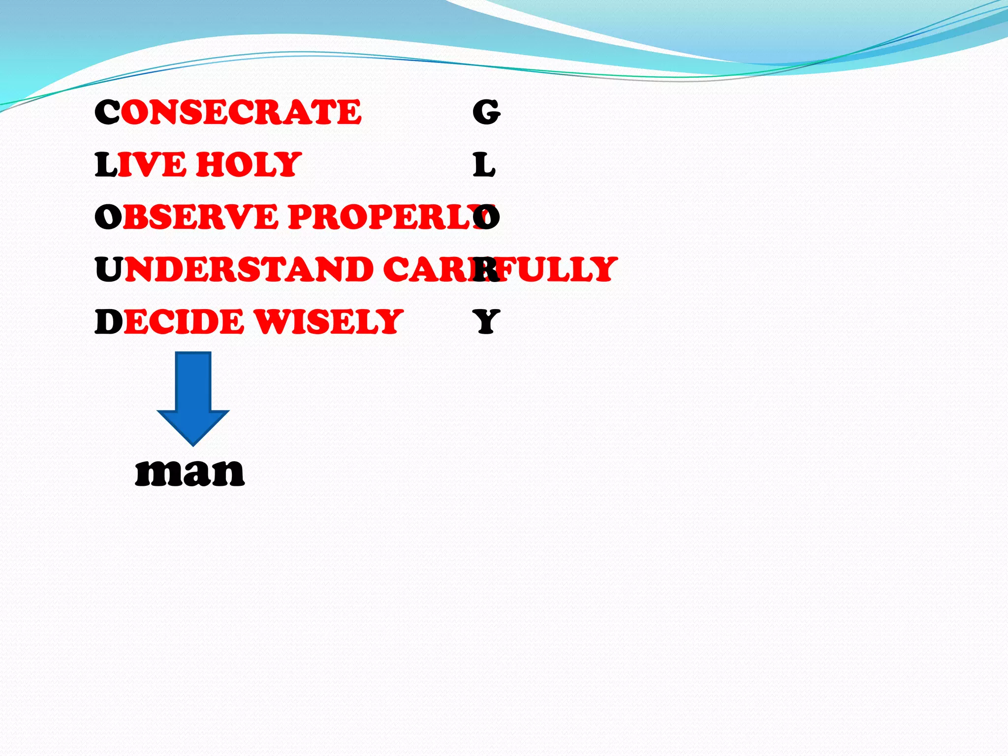 C
L
O
U
D
CONSECRATE
LIVE HOLY
OBSERVE PROPERLY
UNDERSTAND CAREFULLY
DECIDE WISELY
man
G
L
O
R
Y
 