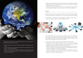 • massimizzare la disponibilità e le prestazioni ottimizzate per le applicazioni aziendali.
                                                                                    • Realizzare la business continuity tramite soluzioni di disaster recovery ed elevata
                                                                                      disponibilità per tutto il data center.
                                                                                    • Gestire e controllare dei desktop aziendali, con una loro distribuzione più rapida e
                                                                                      una riduzione delle chiamate di assistenza relative a conflitti tra le applicazioni.


                                                                                    Cloud

                                                                                    il cloud computing assicura realmente la distribuzione di servizi it agili ed efficienti
                                                                                    riducendo drasticamente la complessità e i costi e aumentando la reattività aziendale.

                                                                                    la chiave per la realizzazione di questi vantaggi è costruire un modello cloud su
                                                                                    misura in base alle tue esigenze aziendali e all'approccio all’it.




                                                                                    noi di oPen wide solutions utilizzando VmwaRe, leader riconosciuto nel
                                                                                    settore della virtualizzazione e dell'infrastruttura cloud, possiamo aiutarti a effettuare
                                                                                    il passaggio al cloud: l'ambiente cloud privato, pubblico o ibrido che meglio si adatta
                                                                                    alle tue richieste specifiche ed ai tuoi obiettivi aziendali.

margine riservato all'innovazione è quindi molto ridotto. Con le soluzioni per la   ecco la serie di soluzioni a tre livelli per supportare l'evoluzione al cloud:
virtualizzazione dei data center puoi:                                              • infrastruttura cloud e gestione. il punto di partenza del cloud, basato sulla
                                                                                      virtualizzazione e sulla capacità di unificare le risorse cloud private e pubbliche
• eseguire più sistemi operativi su un singolo computer, tra cui windows, linux       garantendo sicurezza, conformità, gestione e qualità del servizio.
  e altri.                                                                          • Piattaforma applicativa per il cloud. Permette agli sviluppatori di velocizzare la
• utilizzare windows su mac mediante la creazione di un ambiente PC virtuale          creazione ed esecuzione delle moderne applicazioni cloud da distribuire all'interno
  per tutte le applicazioni windows.                                                  o all'esterno dell'azienda, per la massima flessibilità.
• Ridurre i costi di capitale e aumentare l’efficienza energetica, grazie alla      • end-user Computing. un approccio all'elaborazione personale moderno e
  riduzione dei componenti hardware necessari e incremento del rapporto server        incentrato sull'utente, in grado di offrire un accesso sicuro e on demand alle
  gestiti per amministratore.                                                         applicazioni e ai dati da qualsiasi dispositivo.
 