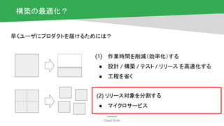 Cloud OnAir
(1) 作業時間を削減（効率化）する
● 設計 / 構築 / テスト / リリース を高速化する
● 工程を省く
(2) リリース対象を分割する
● マイクロサービス
早くユーザにプロダクトを届けるためには？
構築の最適化？
 