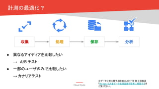 Cloud OnAir
保存 分析処理収集
● 異なるアイディアを比較したい
→ A/B テスト
● 一部のユーザのみで比較したい
→ カナリアテスト
計測の最適化？
※データ分析に関する詳細は、2017 年 第 3 回放送
「No-ops で大量データ処理基盤を簡単に構築する」を
ご覧ください。
 