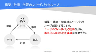 Cloud OnAir
構築 - 計測 - 学習のフィードバックループ
引用: リーンスタートアップ
アイ
ディア
製品データ
構築
計測
学習
構築 ~ 計測 ~ 学習のフィードバック
ループを短くすることで、
ユーザのフィードバックを得ながら、
本当に必要なものを高速に開発できる
 