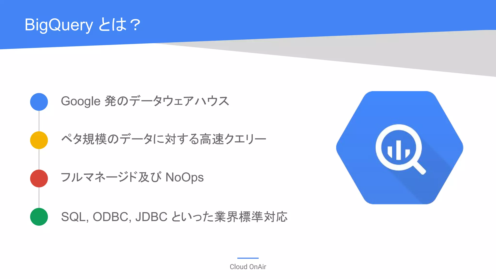 Cloud OnAir
BigQuery とは？
SQL, ODBC, JDBC といった業界標準対応
フルマネージド及び NoOps
ペタ規模のデータに対する高速クエリー
Google 発のデータウェアハウス
 