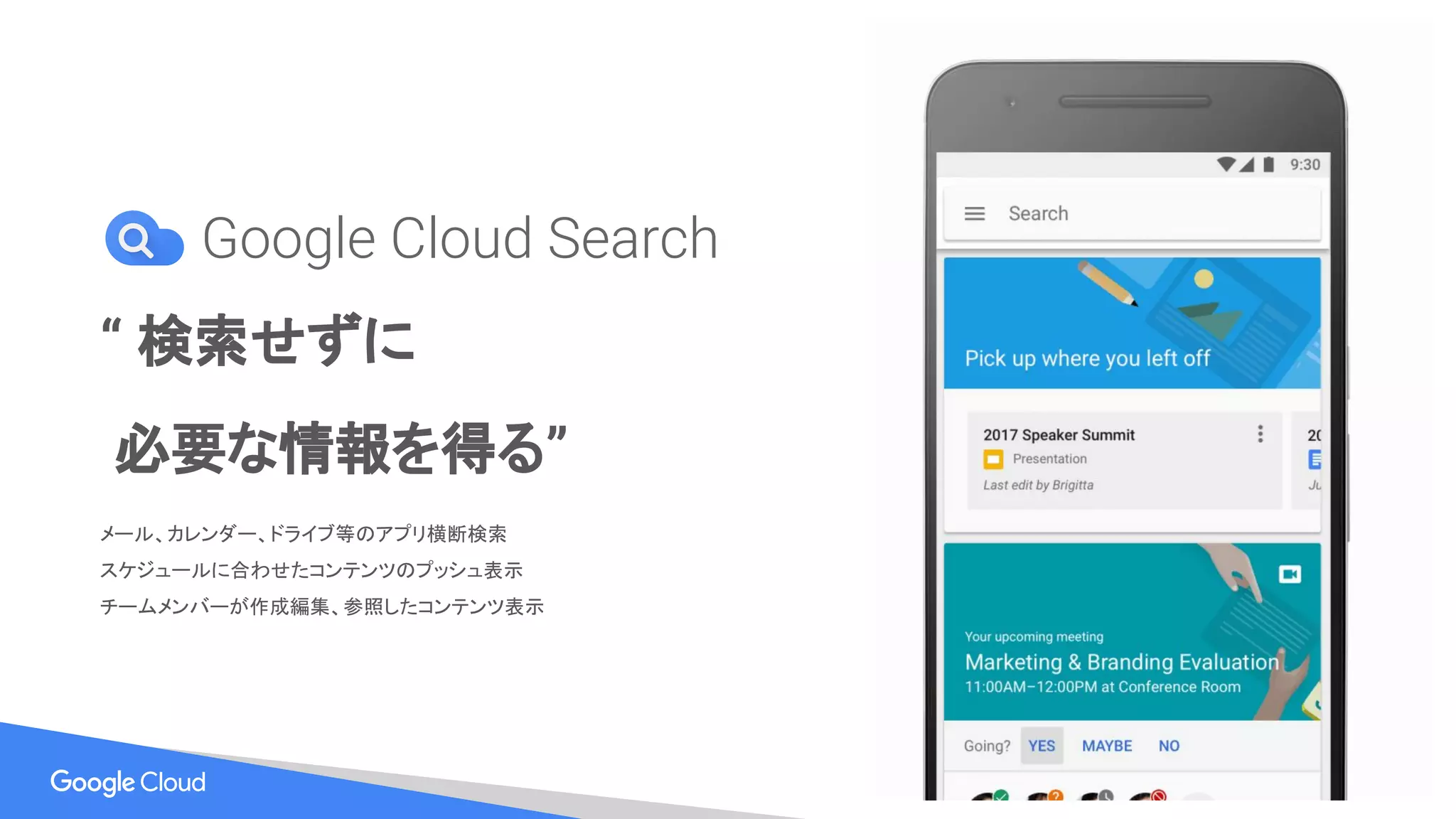 Confidential + Proprietary
“ 検索せずに
必要な情報を得る”
メール、カレンダー、ドライブ等のアプリ横断検索
スケジュールに合わせたコンテンツのプッシュ表示
チームメンバーが作成編集、参照したコンテンツ表示
Google Cloud Search
 