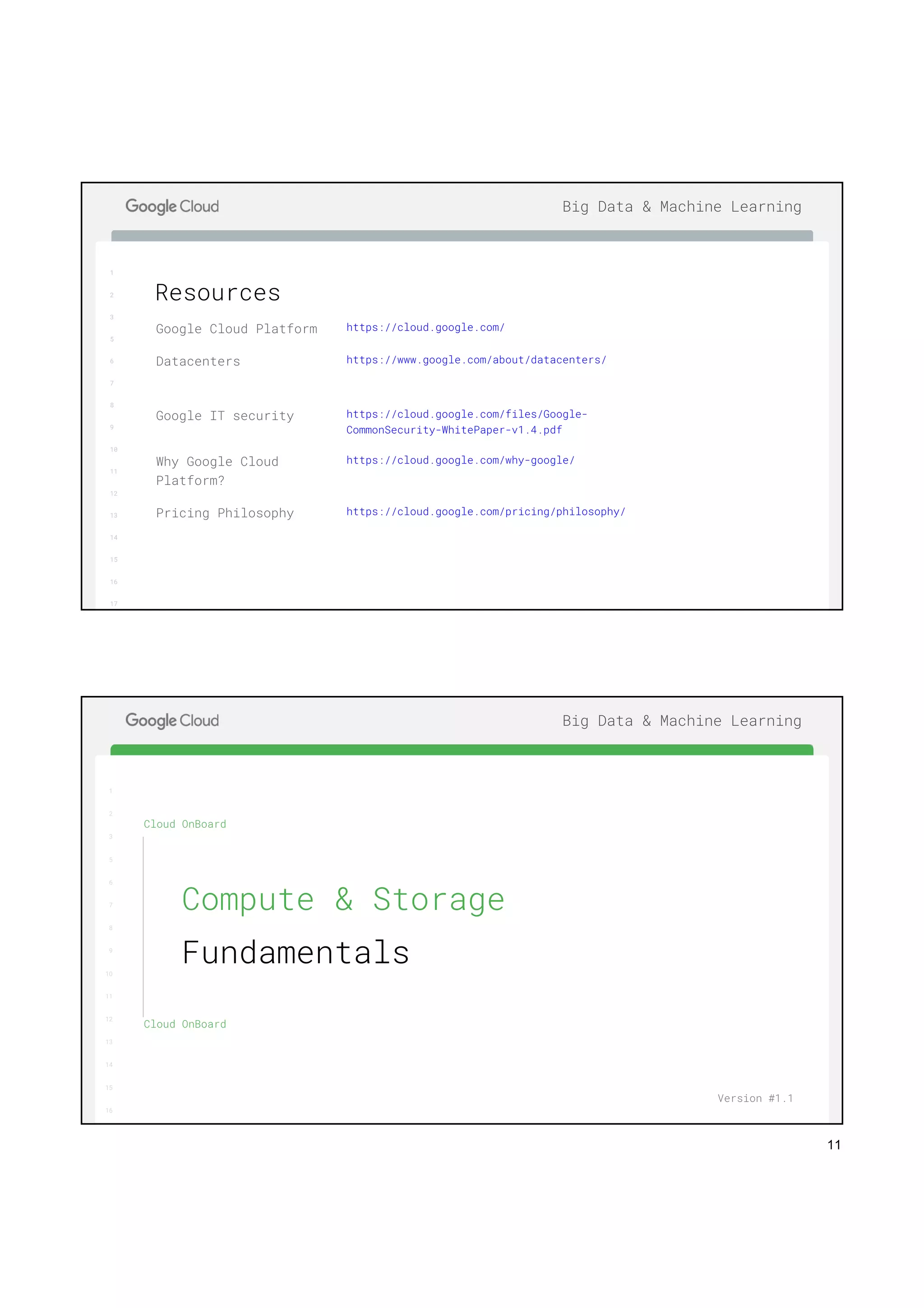 11
1
2
3
5
6
7
8
9
10
11
12
13
14
15
16
17
Big Data & Machine Learning
Resources
Google Cloud Platform https://cloud.google.com/
Datacenters https://www.google.com/about/datacenters/
Google IT security https://cloud.google.com/files/Google-
CommonSecurity-WhitePaper-v1.4.pdf
Why Google Cloud
Platform?
https://cloud.google.com/why-google/
Pricing Philosophy https://cloud.google.com/pricing/philosophy/
1
2
3
5
6
7
8
9
10
11
12
13
14
15
16
17
Big Data & Machine Learning
1
2
3
5
6
7
8
9
10
11
12
13
14
15
16
Cloud OnBoard
Cloud OnBoard
Compute & Storage
Fundamentals
Version #1.1
 
