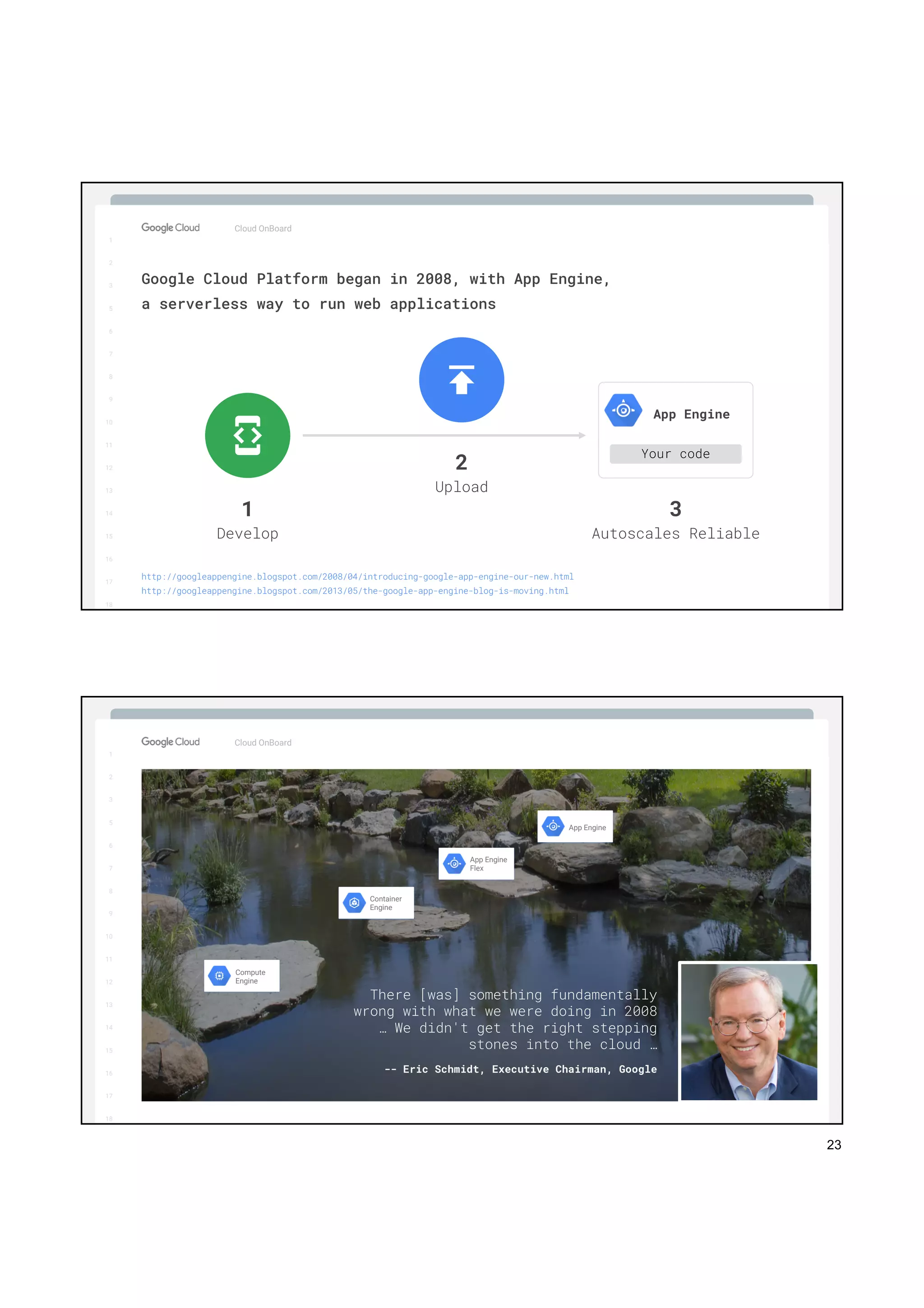 23
1
2
3
5
6
7
8
9
10
11
12
13
14
15
16
17
Big Data & Machine Learning
1
2
3
5
6
7
8
9
10
11
12
13
14
15
16
17
18
Cloud OnBoard
Google Cloud Platform began in 2008, with App Engine,
a serverless way to run web applications
1
Develop
2
Upload
3
Autoscales Reliable
App Engine
Your code
http://googleappengine.blogspot.com/2008/04/introducing-google-app-engine-our-new.html
http://googleappengine.blogspot.com/2013/05/the-google-app-engine-blog-is-moving.html
1
2
3
5
6
7
8
9
10
11
12
13
14
15
16
17
Big Data & Machine Learning
1
2
3
5
6
7
8
9
10
11
12
13
14
15
16
17
18
Cloud OnBoard
Compute
Engine
Container
Engine
App Engine
Flex
App Engine
There [was] something fundamentally
wrong with what we were doing in 2008
… We didn't get the right stepping
stones into the cloud …
-- Eric Schmidt, Executive Chairman, Google
 