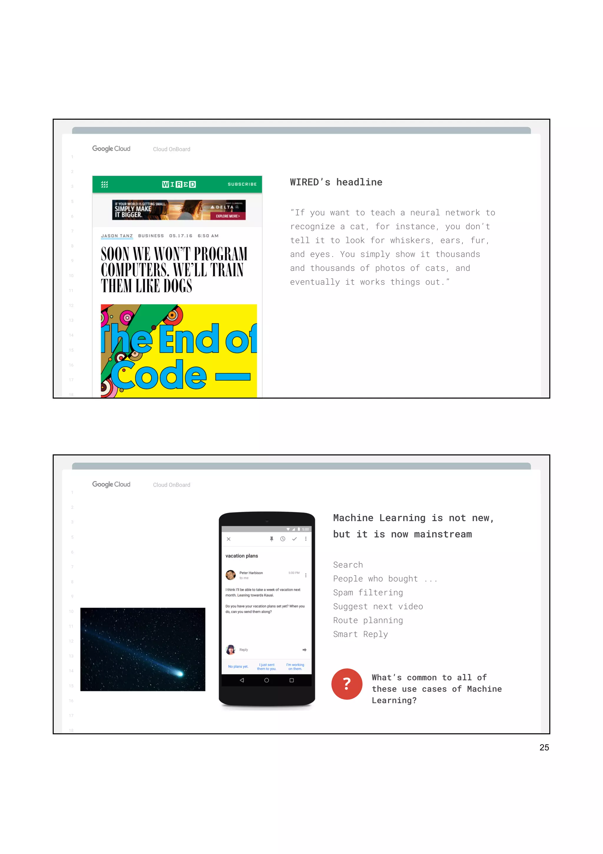 25
1
2
3
5
6
7
8
9
10
11
12
13
14
15
16
17
Big Data & Machine Learning
1
2
3
5
6
7
8
9
10
11
12
13
14
15
16
17
18
Cloud OnBoard
“If you want to teach a neural network to
recognize a cat, for instance, you don’t
tell it to look for whiskers, ears, fur,
and eyes. You simply show it thousands
and thousands of photos of cats, and
eventually it works things out.”
WIRED’s headline
1
2
3
5
6
7
8
9
10
11
12
13
14
15
16
17
Big Data & Machine Learning
1
2
3
5
6
7
8
9
10
11
12
13
14
15
16
17
18
Search
People who bought ...
Spam filtering
Suggest next video
Route planning
Smart Reply
Cloud OnBoard
Machine Learning is not new,
but it is now mainstream
What’s common to all of
these use cases of Machine
Learning?
?
 