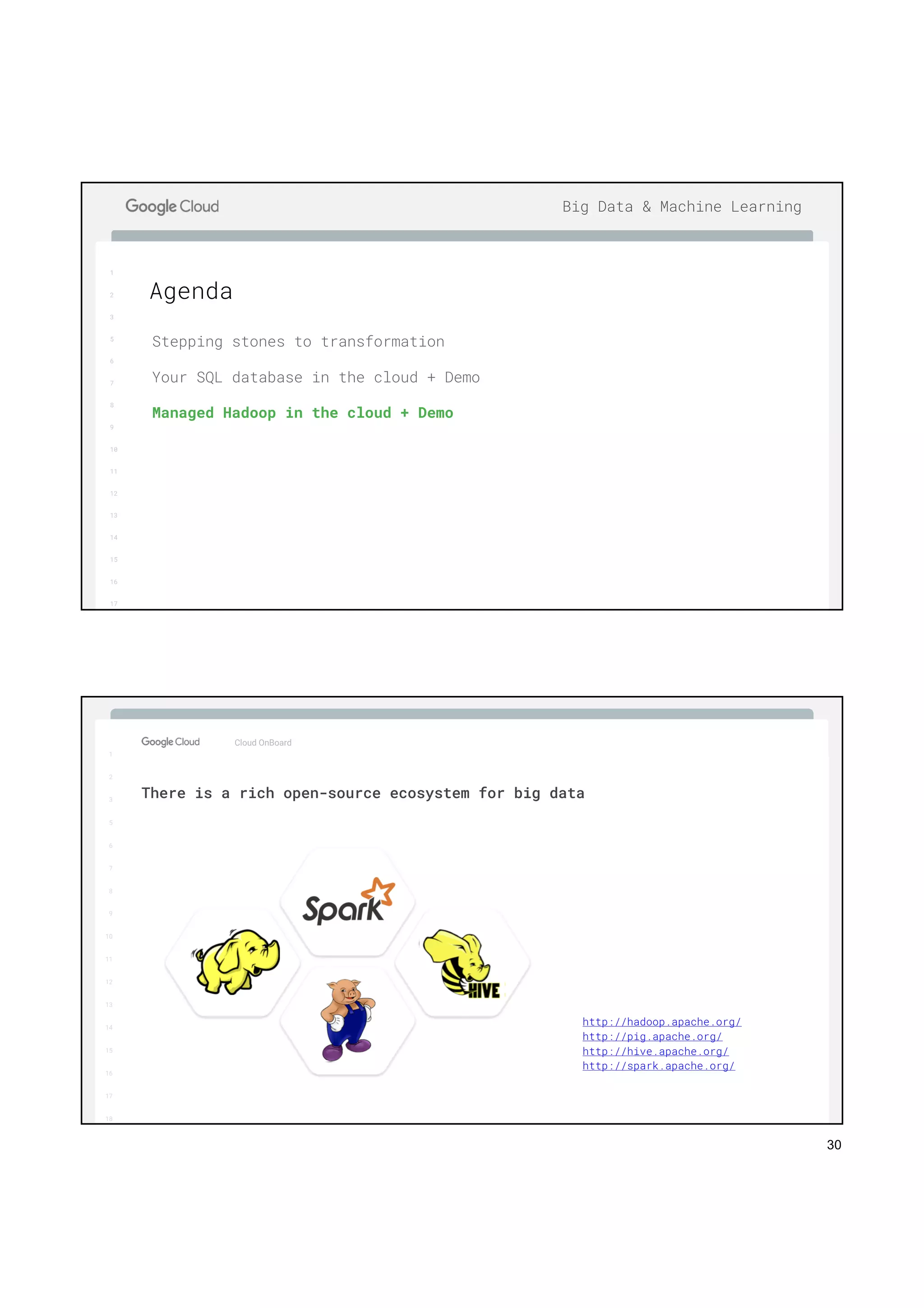 30
1
2
3
5
6
7
8
9
10
11
12
13
14
15
16
17
Big Data & Machine Learning
Stepping stones to transformation
Your SQL database in the cloud + Demo
Managed Hadoop in the cloud + Demo
Agenda
1
2
3
5
6
7
8
9
10
11
12
13
14
15
16
17
Big Data & Machine Learning
1
2
3
5
6
7
8
9
10
11
12
13
14
15
16
17
18
Cloud OnBoard
There is a rich open-source ecosystem for big data
http://hadoop.apache.org/
http://pig.apache.org/
http://hive.apache.org/
http://spark.apache.org/
 