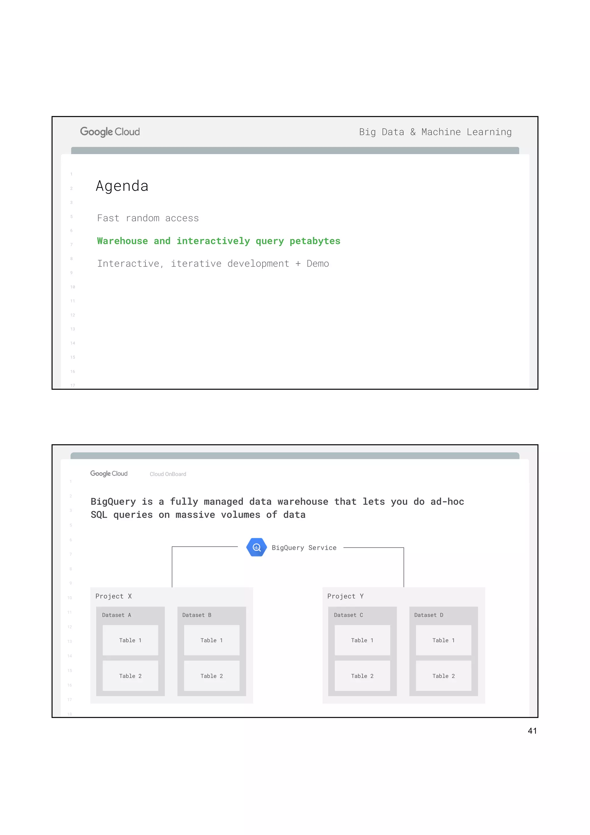 41
1
2
3
5
6
7
8
9
10
11
12
13
14
15
16
17
Big Data & Machine Learning
Fast random access
Warehouse and interactively query petabytes
Interactive, iterative development + Demo
Agenda
1
2
3
5
6
7
8
9
10
11
12
13
14
15
16
17
Big Data & Machine Learning
Cloud OnBoard
1
2
3
5
6
7
8
9
10
11
12
13
14
15
16
17
18
BigQuery is a fully managed data warehouse that lets you do ad-hoc
SQL queries on massive volumes of data
Project X
Dataset A Dataset B
Project Y
Dataset C Dataset D
Table 1
Table 2
Table 1
Table 2
Table 1
Table 2
Table 1
Table 2
BigQuery Service
 