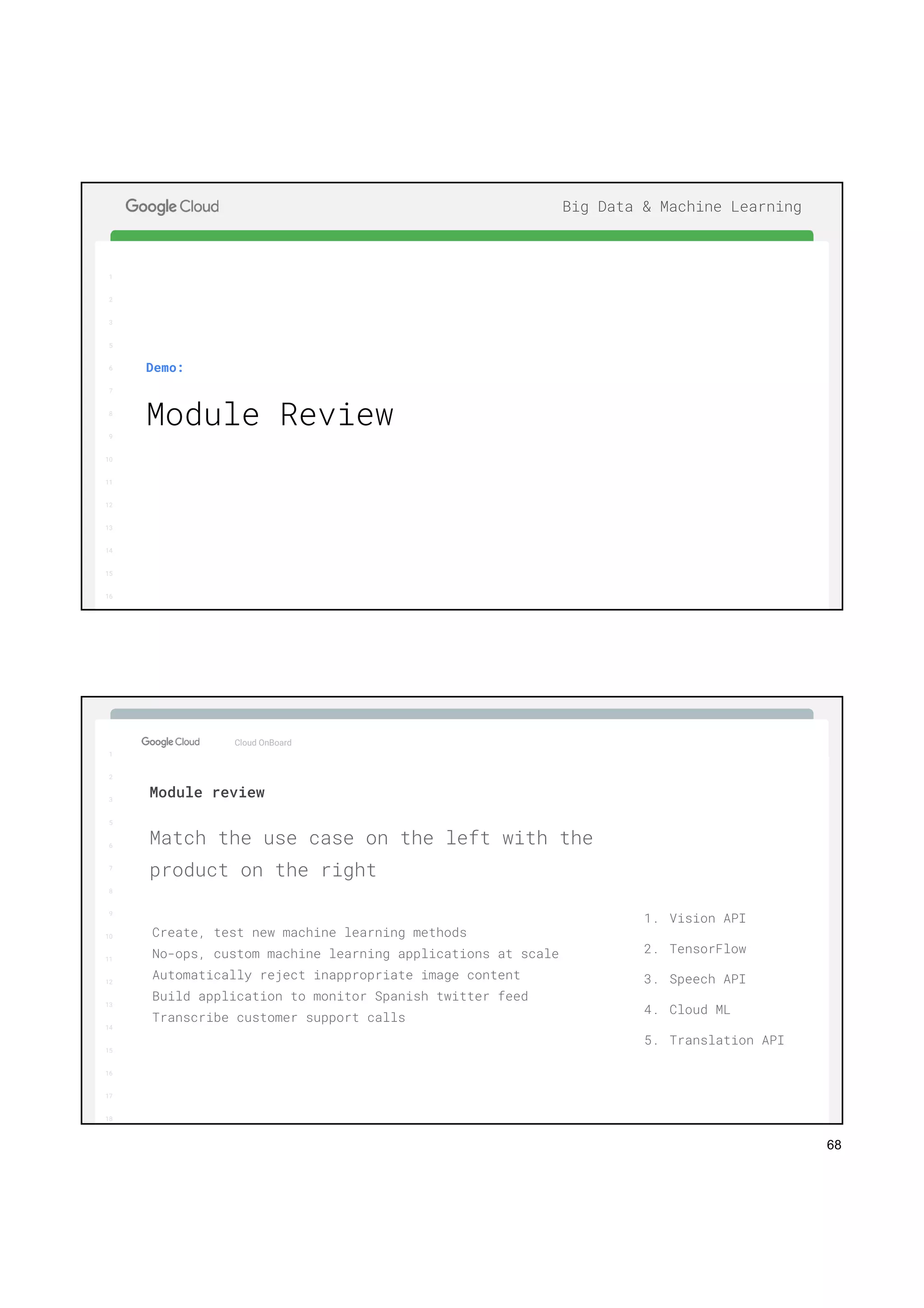 68
1
2
3
5
6
7
8
9
10
11
12
13
14
15
16
17
Big Data & Machine Learning
1
2
3
5
6
7
8
9
10
11
12
13
14
15
16
Demo:
Module Review
1
2
3
5
6
7
8
9
10
11
12
13
14
15
16
17
Big Data & Machine Learning
Match the use case on the left with the
product on the right
Cloud OnBoard
1
2
3
5
6
7
8
9
10
11
12
13
14
15
16
17
18
Module review
Create, test new machine learning methods
No-ops, custom machine learning applications at scale
Automatically reject inappropriate image content
Build application to monitor Spanish twitter feed
Transcribe customer support calls
1. Vision API
2. TensorFlow
3. Speech API
4. Cloud ML
5. Translation API
 