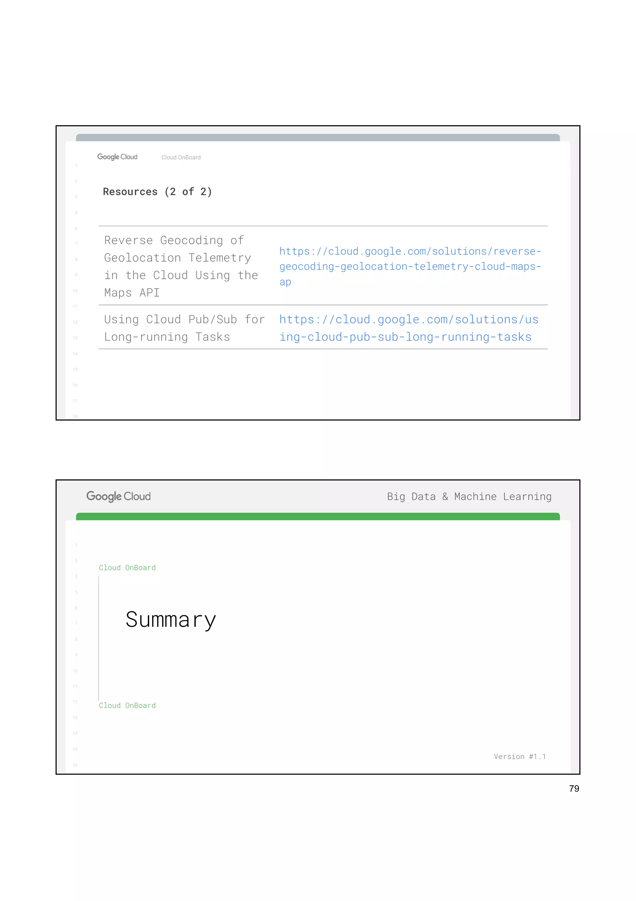 79
1
2
3
5
6
7
8
9
10
11
12
13
14
15
16
17
Big Data & Machine Learning
Cloud OnBoard
1
2
3
5
6
7
8
9
10
11
12
13
14
15
16
17
18
Resources (2 of 2)
Reverse Geocoding of
Geolocation Telemetry
in the Cloud Using the
Maps API
https://cloud.google.com/solutions/reverse-
geocoding-geolocation-telemetry-cloud-maps-
ap
Using Cloud Pub/Sub for
Long-running Tasks
https://cloud.google.com/solutions/us
ing-cloud-pub-sub-long-running-tasks
1
2
3
5
6
7
8
9
10
11
12
13
14
15
16
17
Big Data & Machine Learning
1
2
3
5
6
7
8
9
10
11
12
13
14
15
16
Cloud OnBoard
Cloud OnBoard
Summary
Version #1.1
 