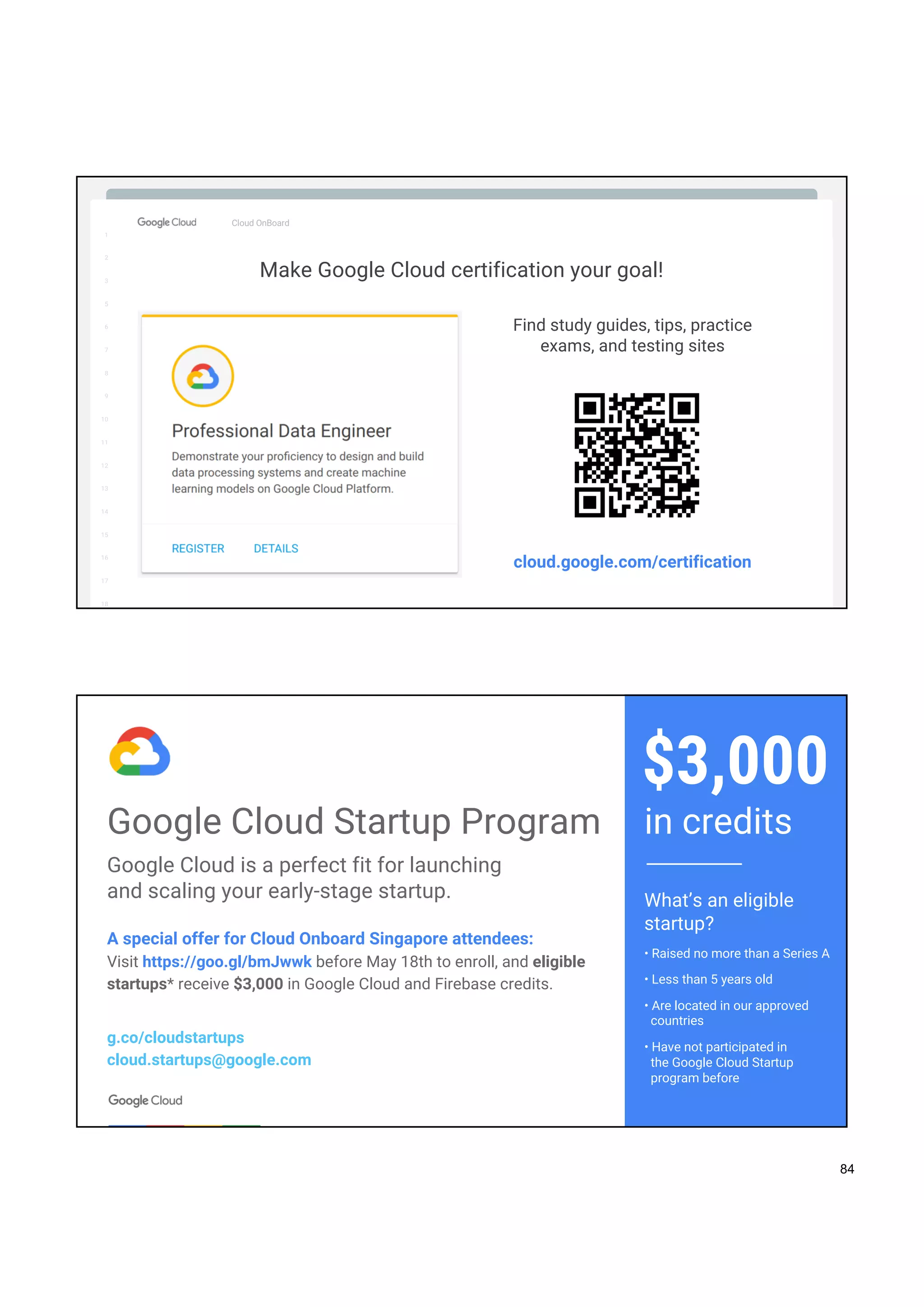 1
2
3
5
6
7
8
9
10
11
12
13
14
15
16
17
Big Data & Machine Learning
1
2
3
5
6
7
8
9
10
11
12
13
14
15
16
17
18
Cloud OnBoard
Make Google Cloud certification your goal!
cloud.google.com/certification
Find study guides, tips, practice
exams, and testing sites
Confidential & Proprietary
A special offer for Cloud Onboard Singapore attendees:
Visit https://goo.gl/bmJwwk before May 18th to enroll, and eligible
startups* receive $3,000 in Google Cloud and Firebase credits.
Google Cloud Startup Program
$3,000
g.co/cloudstartups
cloud.startups@google.com
Google Cloud is a perfect fit for launching
and scaling your early-stage startup. What’s an eligible
startup?
• Raised no more than a Series A
• Less than 5 years old
• Are located in our approved
countries
• Have not participated in
the Google Cloud Startup
program before
in credits
84
 