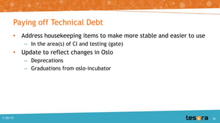 Paying off Technical Debt
• Address housekeeping items to make more stable and easier to use
– In the area(s) of CI and testing (gate)
• Update to reflect changes in Oslo
– Deprecations
– Graduations from oslo-incubator
1/30/15 16
 