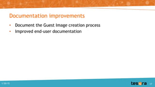 Documentation improvements
• Document the Guest Image creation process
• Improved end-user documentation
1/30/15 17
 