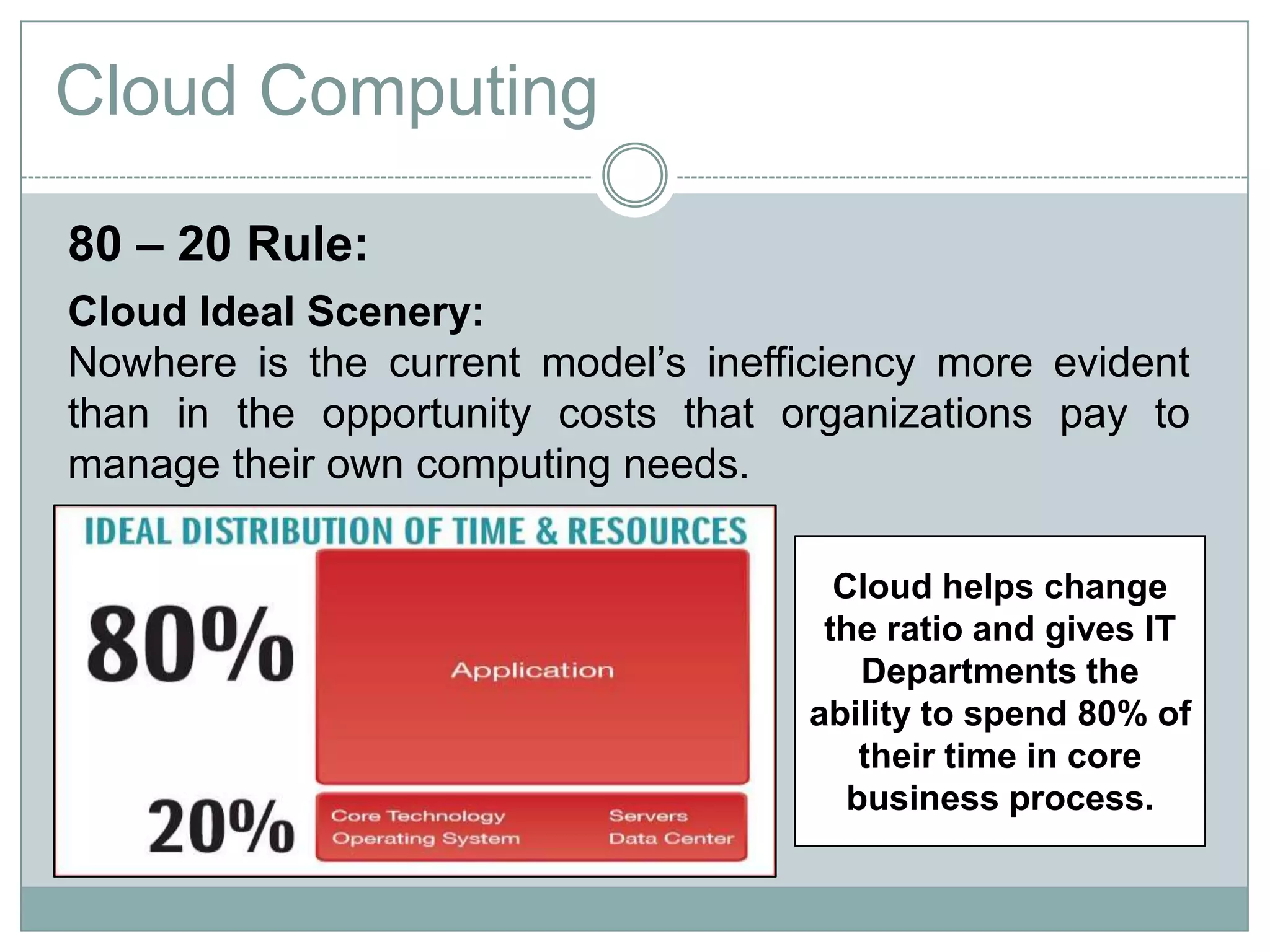 Cloud Computing
80 – 20 Rule:
Cloud Ideal Scenery:
Nowhere is the current model’s inefficiency more evident
than in the opportunity costs that organizations pay to
manage their own computing needs.
Cloud helps change
the ratio and gives IT
Departments the
ability to spend 80% of
their time in core
business process.
 