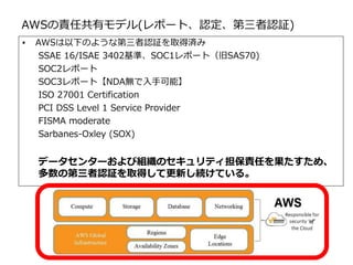 AWSの責任共有モデル(レポート、認定、第三者認証)
OSより上のレイヤーのセキュリティはユーザ自身が責任をもって担保
OSより下のレイヤーのセキュリティは、AWSが責任をもって担保
▪ AWSは以下のような第三者認証を取得済み
SSAE 16/ISAE 3402基準、SOC1レポート（旧SAS70)
SOC2レポート
SOC3レポート【NDA無で入手可能】
ISO 27001 Certification
PCI DSS Level 1 Service Provider
FISMA moderate
Sarbanes-Oxley (SOX)
データセンターおよび組織のセキュリティ担保責任を果たすため、
多数の第三者認証を取得して更新し続けている。
 