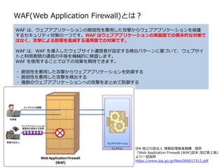 WAF は、ウェブアプリケーションの脆弱性を悪用した攻撃からウェブアプリケーションを保護
するセキュリティ対策の一つです。WAF はウェブアプリケーションの実装面での根本的な対策で
はなく、攻撃による影響を低減する運用面での対策です。
WAF は、WAF を導入したウェブサイト運営者が設定する検出パターンに基づいて、ウェブサイ
トと利用者間の通信の中身を機械的に検査します。
WAF を使用することで以下の効果を期待できます。
脆弱性を悪用した攻撃からウェブアプリケーションを防御する
脆弱性を悪用した攻撃を検出する
複数のウェブアプリケーションへの攻撃をまとめて防御する
IPA 独立行政法人 情報処理推進機構 提供
『Web Application Firewall (WAF)読本 改訂第２版』
より一部抜粋
https://www.ipa.go.jp/files/000017312.pdf
WAF(Web Application Firewall)とは？
 