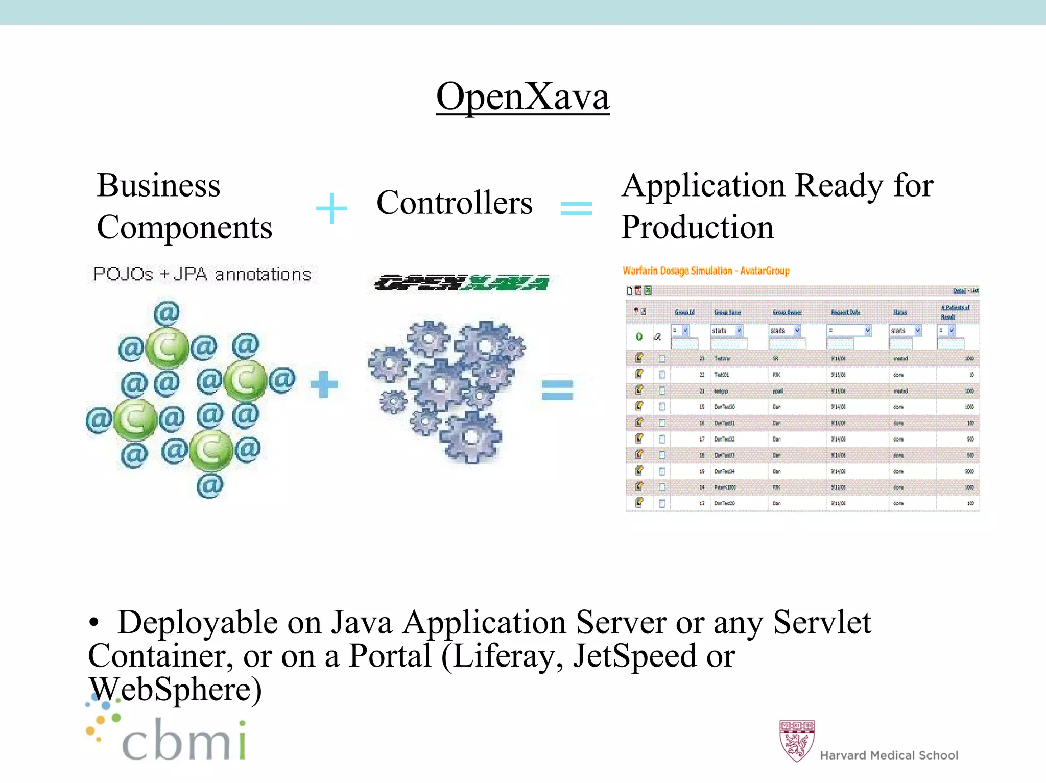 OpenXava

Business                              Application Ready for
Components     +    Controllers   =   Production




•• Deployable on Java Application Server or any Servlet
Container, or on a Portal (Liferay, JetSpeed or
WebSphere)
 