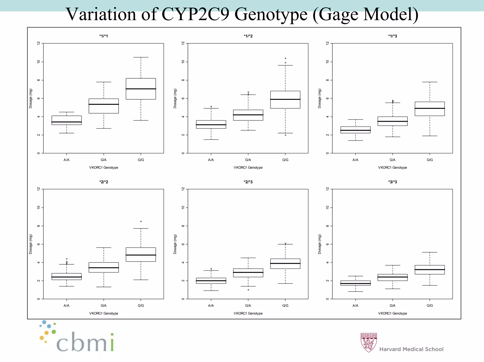 Variation of CYP2C9 Genotype (Gage Model)
                              *1/*1                                            *1/*2                                            *1/*3
              12




                                                               12




                                                                                                                12
              10




                                                               10




                                                                                                                10
              8




                                                               8




                                                                                                                8
Dosage (mg)




                                                 Dosage (mg)




                                                                                                  Dosage (mg)
              6




                                                               6




                                                                                                                6
              4




                                                               4




                                                                                                                4
              2




                                                               2




                                                                                                                2
              0




                                                               0




                                                                                                                0
                   A/A        G/A          G/G                      A/A        G/A          G/G                      A/A        G/A          G/G

                         VKORC1 Genotype                                  VKORC1 Genotype                                  VKORC1 Genotype



                              *2/*2                                            *2/*3                                            *3/*3
              12




                                                               12




                                                                                                                12
              10




                                                               10




                                                                                                                10
              8




                                                               8




                                                                                                                8
Dosage (mg)




                                                 Dosage (mg)




                                                                                                  Dosage (mg)
              6




                                                               6




                                                                                                                6
              4




                                                               4




                                                                                                                4
              2




                                                               2




                                                                                                                2
              0




                                                               0




                                                                                                                0
                   A/A        G/A          G/G                      A/A        G/A          G/G                      A/A        G/A          G/G

                         VKORC1 Genotype                                  VKORC1 Genotype                                  VKORC1 Genotype
 