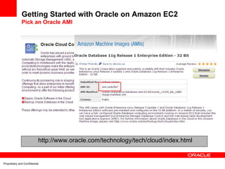 Getting Started with Oracle on Amazon EC2
              Pick an Oracle AMI




                           http://www.oracle.com/technology/tech/cloud/index.html


Proprietary and Confidential
 