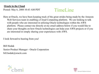 Oracle in the Cloud
Posted: May 6, 2008 10:43 AM PDT                 TimeLine
Here at Oracle, we have been keeping track of the great strides being made by the Amazon
   Web Services team in enabling a Cloud Computing platform. We are looking to talk
   with people who are interested in utilizing Oracle technologies within the AWS
   platform. Please contact me directly at my email address below if you would like to
   share your thoughts on how Oracle technologies can help your AWS projects or if you
   are interested in simply sharing your experiences with AWS.

I look forward to hearing from you!

Bill Hodak
Senior Product Manager - Oracle Corporation
bill.hodak@oracle.com
 