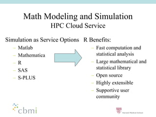 Math Modeling and Simulation
                      HPC Cloud Service
Simulation as Service Options R Benefits:
   ––   Matlab                    –– Fast computation and
   ––   Mathematica                  statistical analysis
   ––   R                         –– Large mathematical and
   ––   SAS                          statistical library
   ––   S-PLUS                    –– Open source
                                  –– Highly extensible
                                  –– Supportive user
                                     community
 